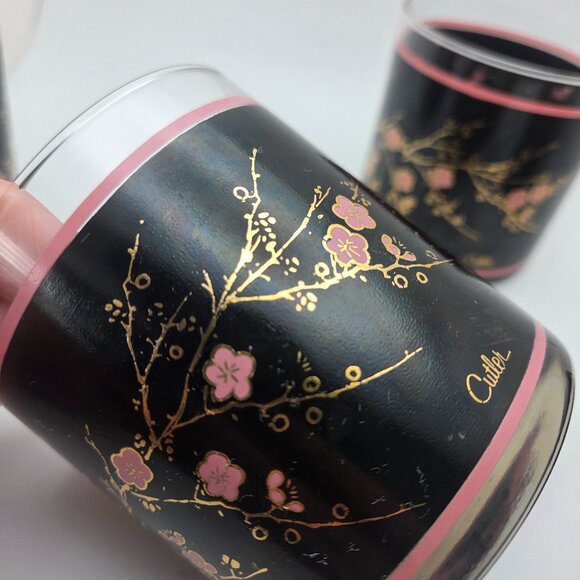 Vintage Cutler Glasses Japanese Pink Cherry Blossoms Mid-Century Modern Set of 4 - Picture 5 of 16